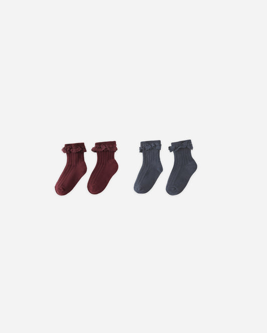 Lace Trim Sock Set | Burgundy + Navy