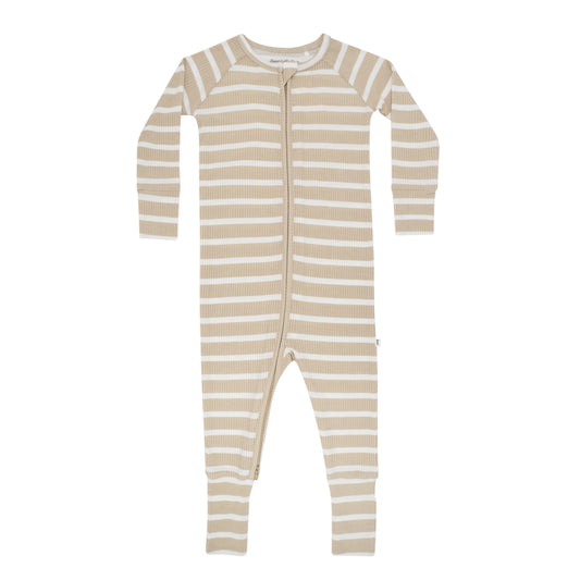 Bamboo Zip Sleeper w/ Fold-Over Feet | Tan Wide Stripe (Ribbed)