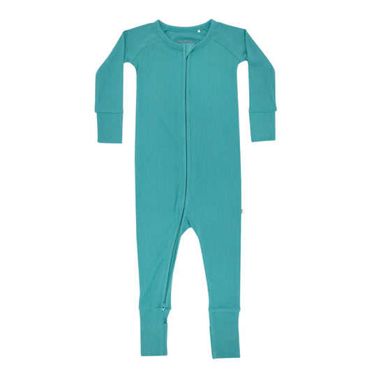 Bamboo Zip Sleeper w/ Fold-Over Feet  | Teal (Small Ribbed)