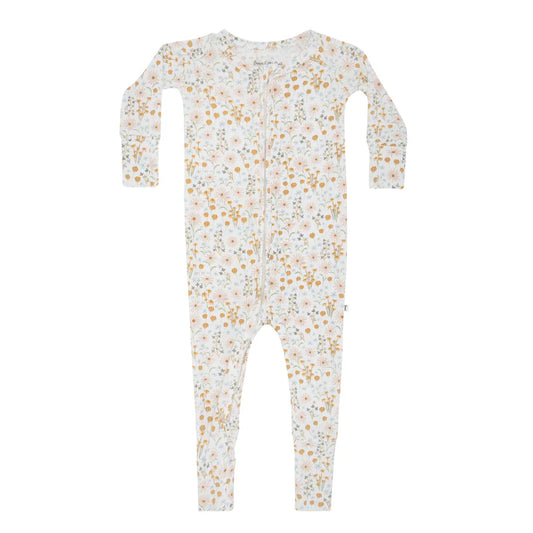Bamboo Zip Sleeper w/ Fold-Over Feet  | Whimsical Floral (Small Ribbed)