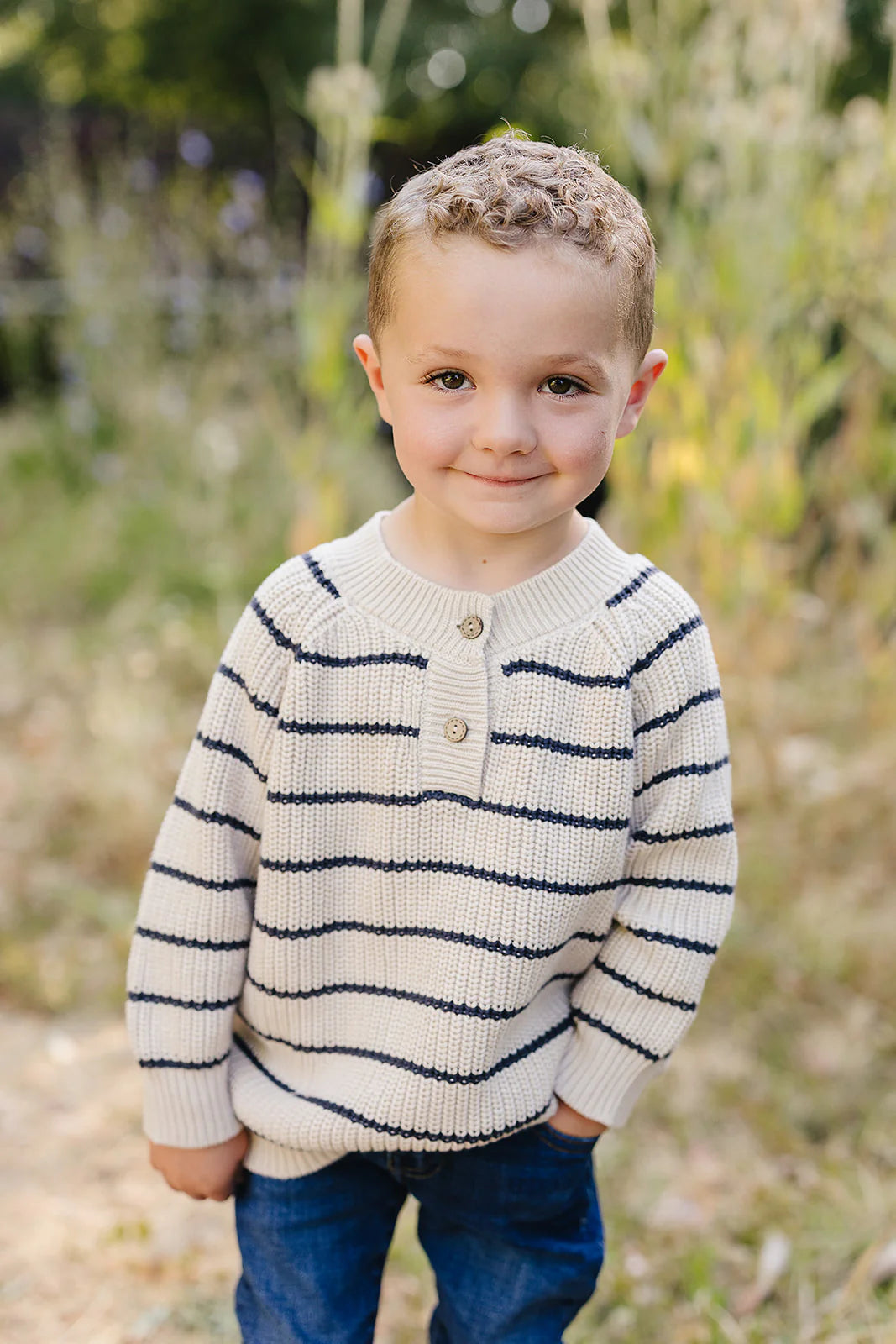 Navy Stripe & Oatmeal Button Knit Sweater