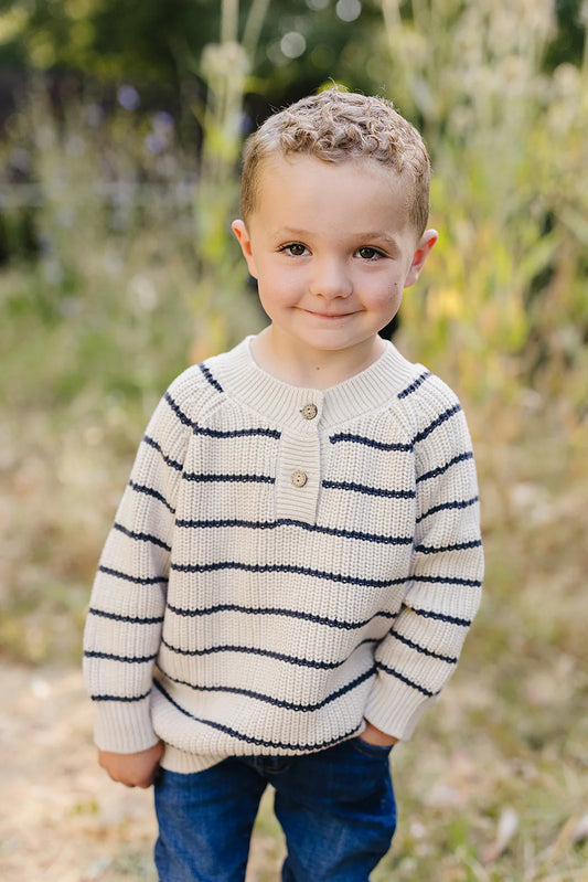Navy Stripe & Oatmeal Button Knit Sweater