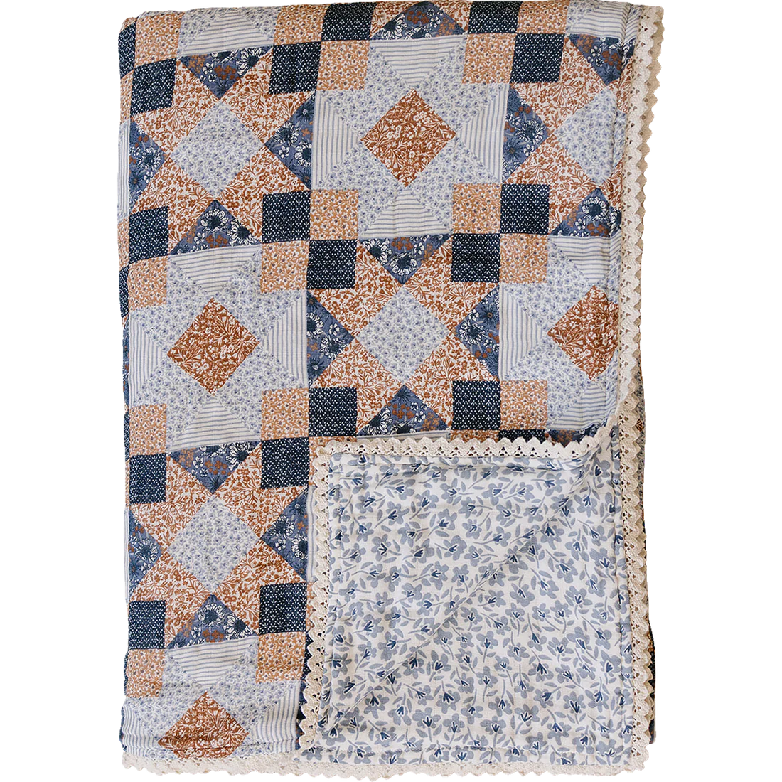Patchwork Print + Blue Blossom Lace Twin Muslin Quilt