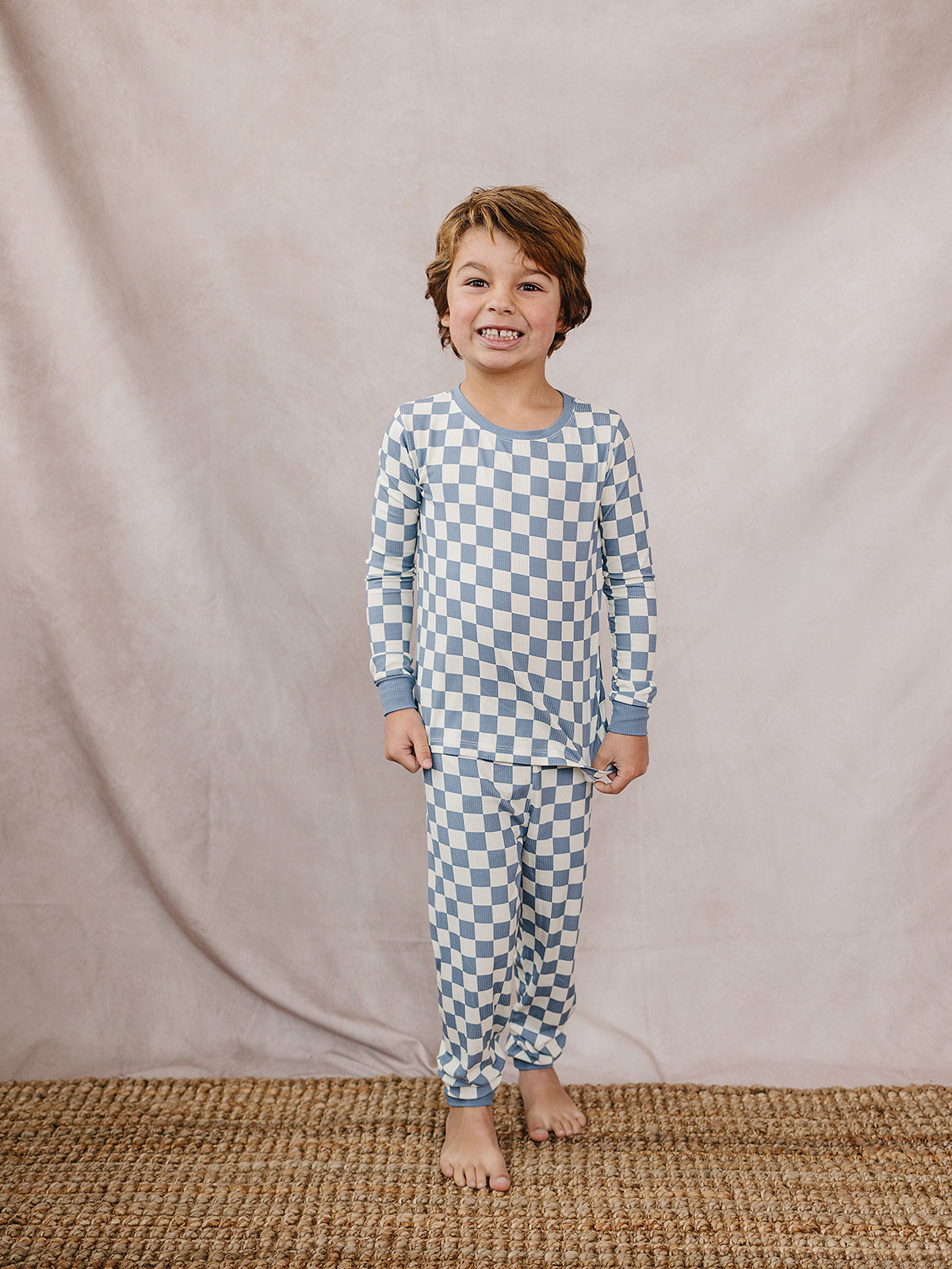 Bamboo Pajama Set | Blue Checkered (Ribbed)