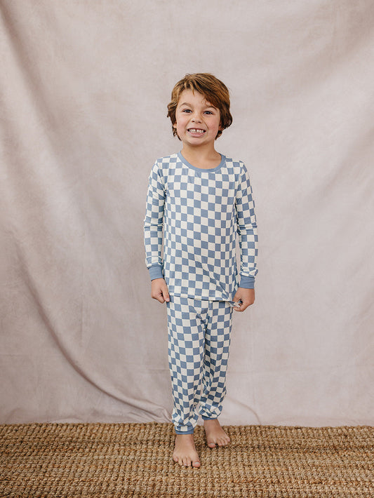 Bamboo Pajama Set | Blue Checkered (Ribbed)