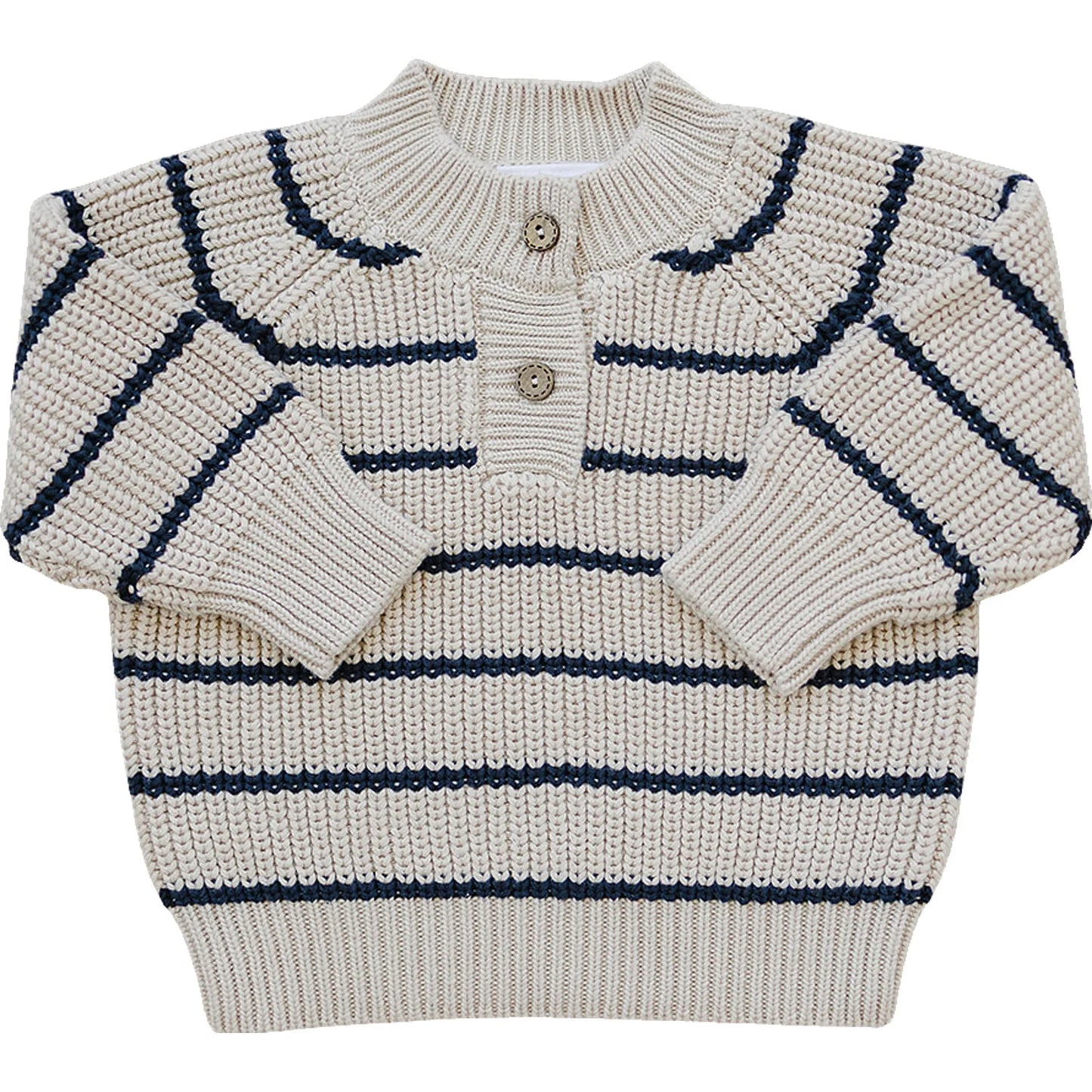 Navy Stripe & Oatmeal Button Knit Sweater