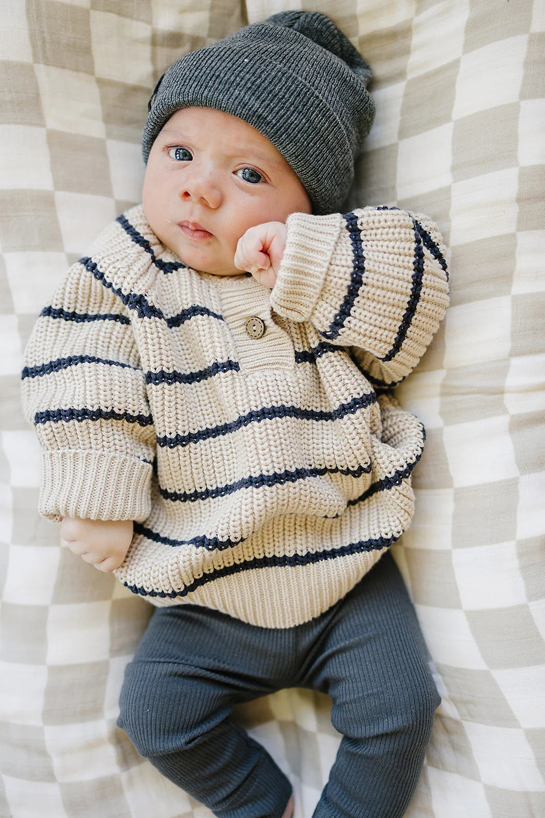 Navy Stripe & Oatmeal Button Knit Sweater