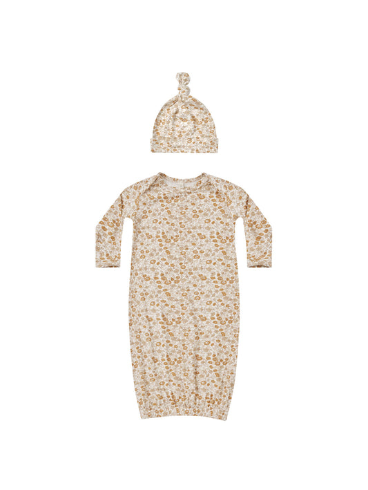 Elastic Baby Gown + Hat Set | Marigold
