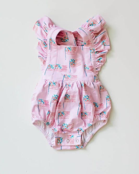 Emmy Bubble Romper in Pink Flags