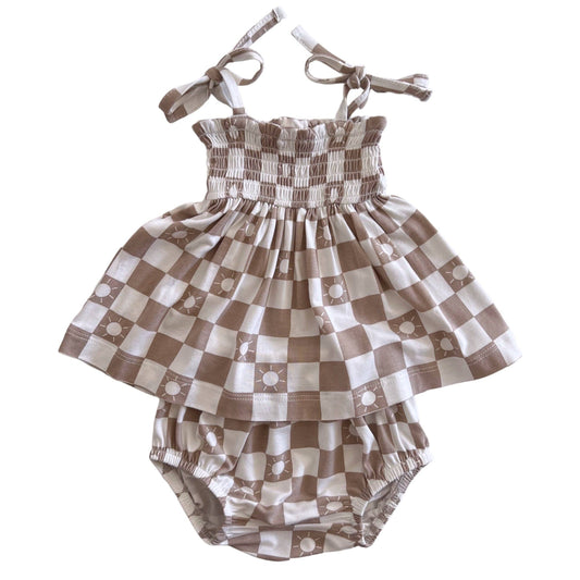 Smocked Set, Tan Sun Checkerboard
