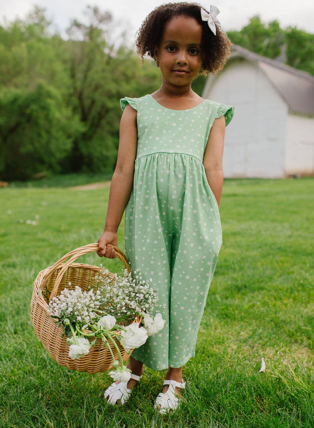 Ruffle Pant Romper in Green Daisy