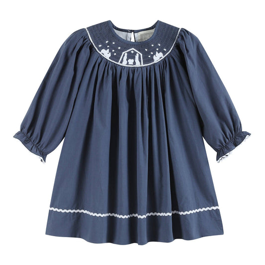 Nativity Long Sleeve Smocked Bishop Dress | Navy Blue