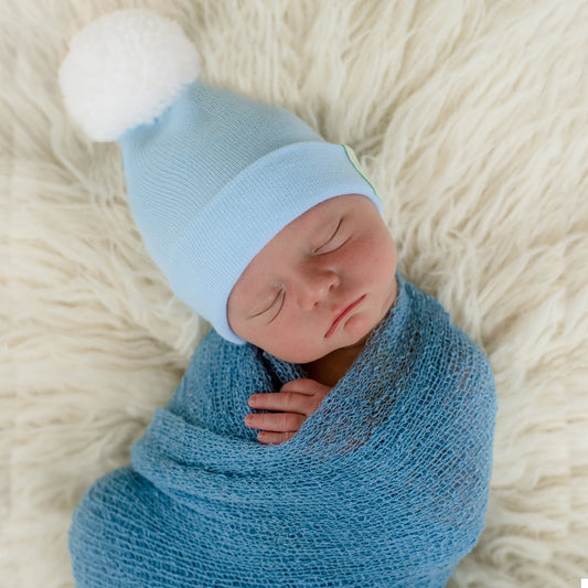 Newborn Hospital Hat | Blue with White Pom