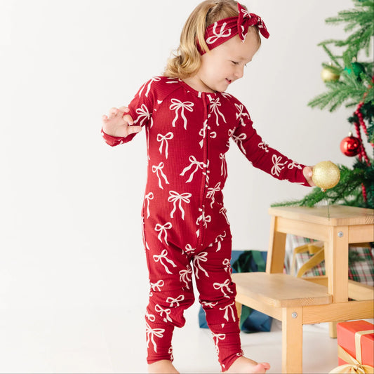 Red Coquette Bows | Small Ribbed Bamboo Zip Sleeper w/ Fold-Over Feet