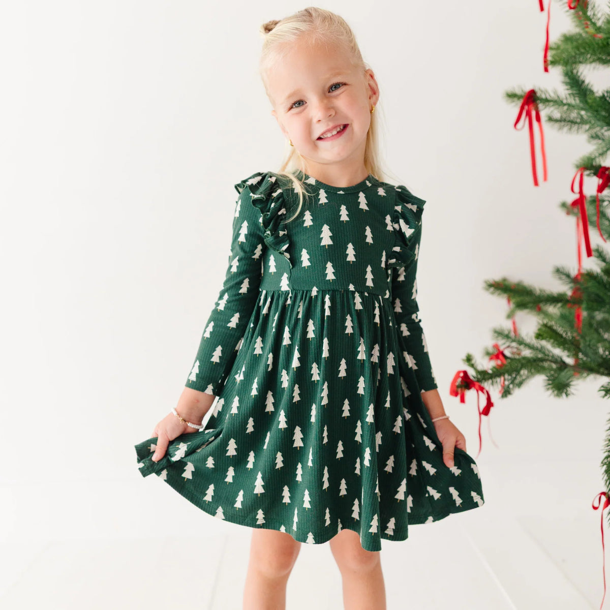 Christmas Trees | Small Ribbed Ruffle Long Sleeve Dress