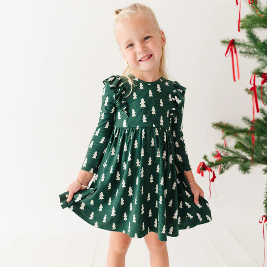 Christmas Trees | Small Ribbed Ruffle Long Sleeve Dress