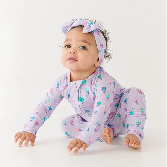 Bamboo Zip Sleeper w Fold-Over Feet | Lilac Daisies (Small Ribbed)