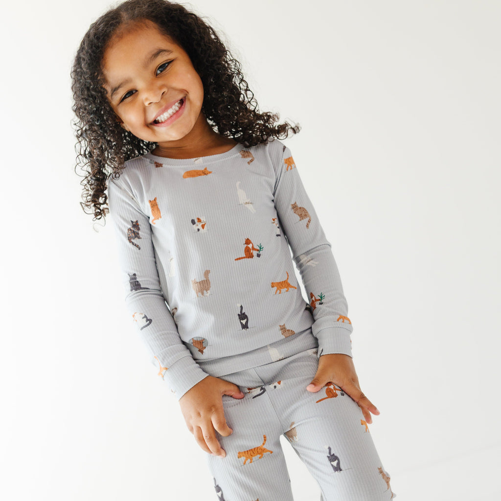 Bamboo Pajama Set | Cats Gray (Small Ribbed)