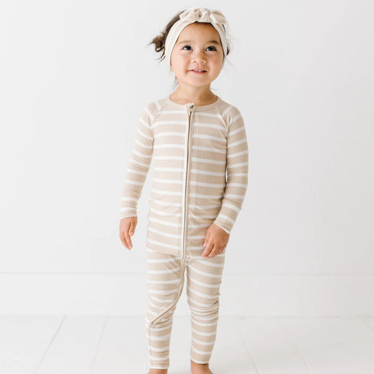 Bamboo Zip Sleeper w/ Fold-Over Feet | Tan Wide Stripe (Ribbed)