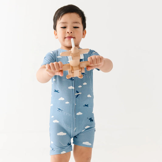 Bamboo Summer Zip Romper | Take Flight Blue (Ribbed)