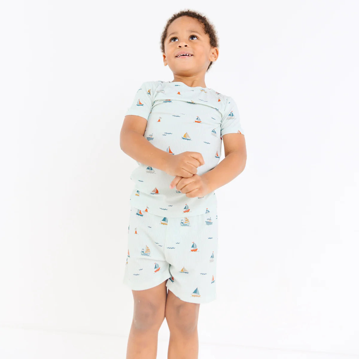 Shorts Bamboo Pajama Set | Nautical Boats (Ribbed)