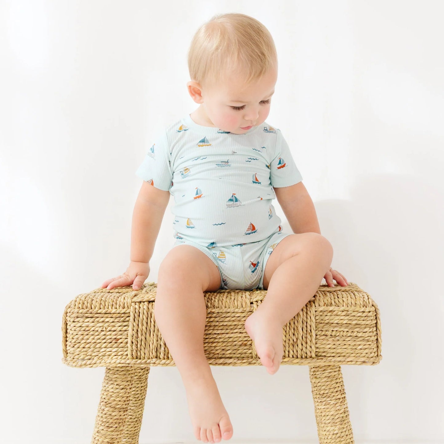 Shorts Bamboo Pajama Set | Nautical Boats (Ribbed)