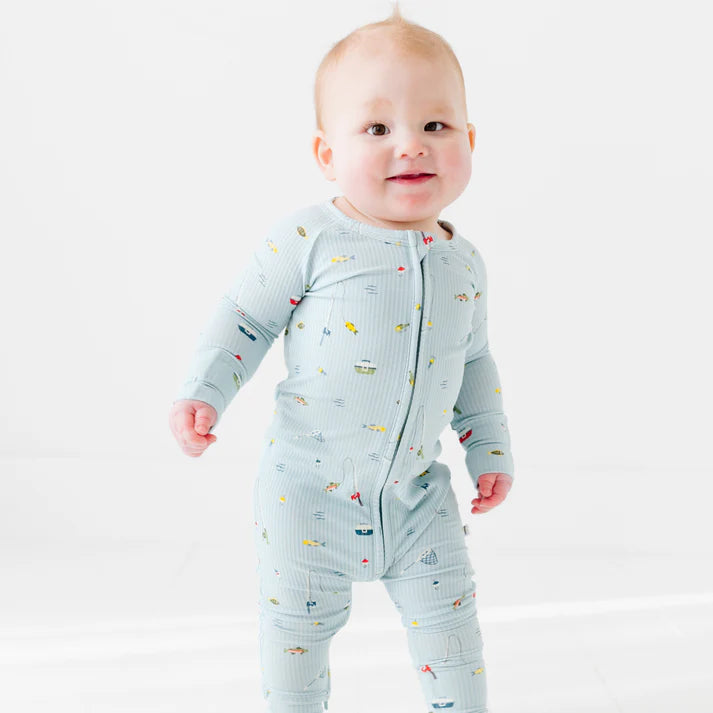 Bamboo Zip Sleeper w/ Fold-Over Feet | Gone Fishing (Ribbed)