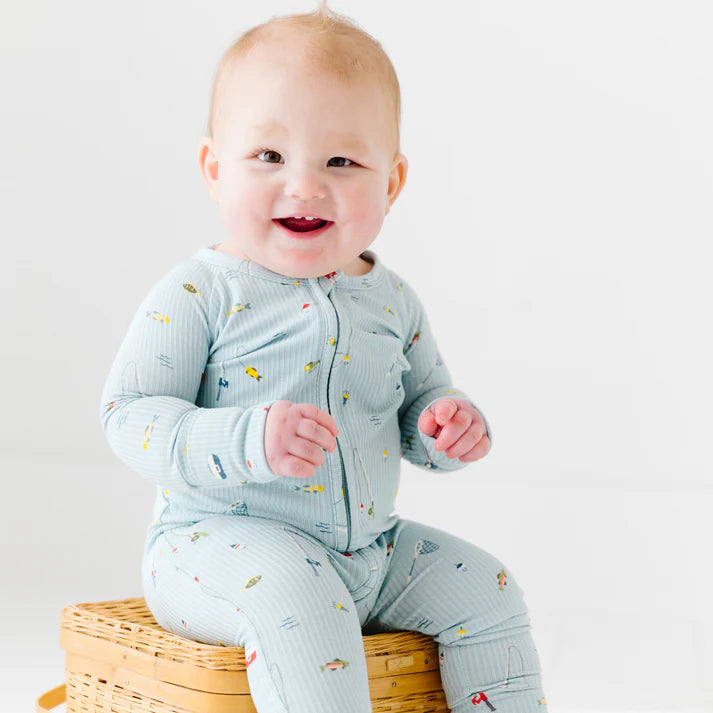Bamboo Zip Sleeper w/ Fold-Over Feet | Gone Fishing (Ribbed)