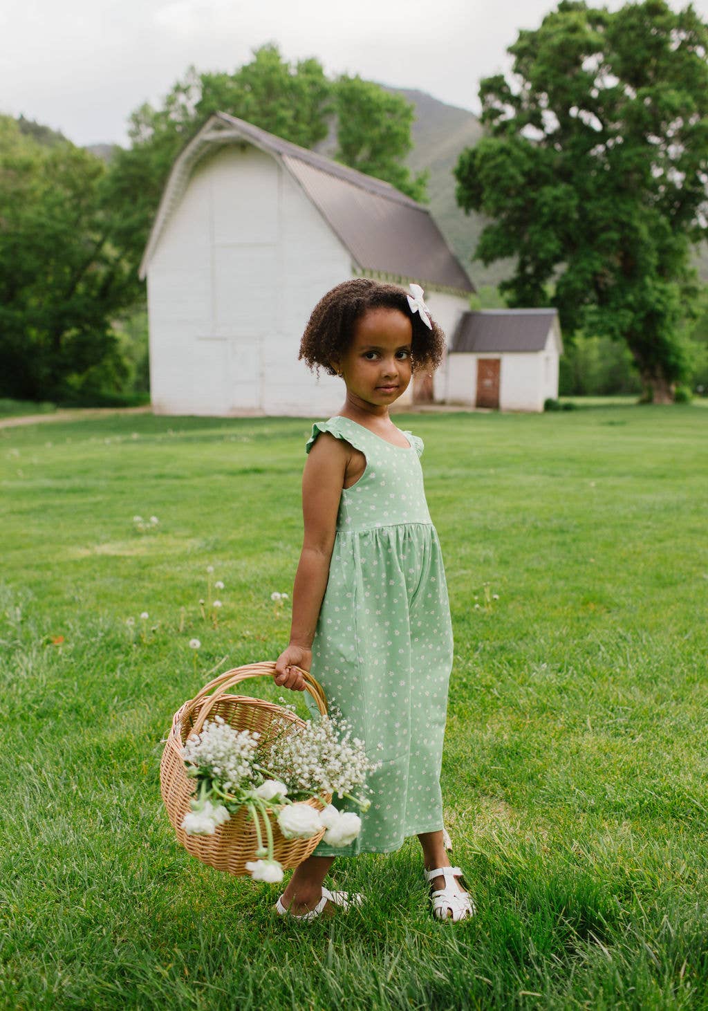 Ruffle Pant Romper in Green Daisy