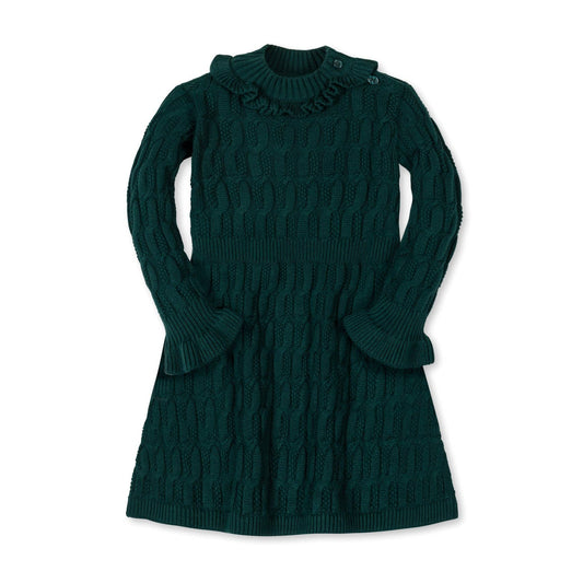 Organic Ruffle Edge Sweater Dress | Deep Green Cable
