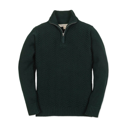Organic Half Zip Cable Sweater | Pine Green Chevron