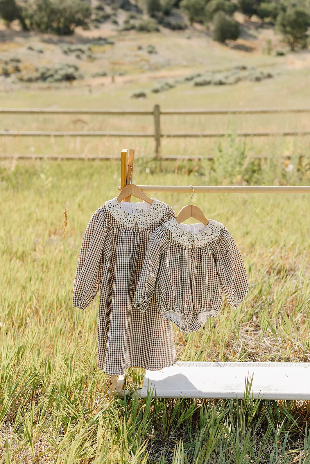 Camel Gingham Lace Bubble Romper