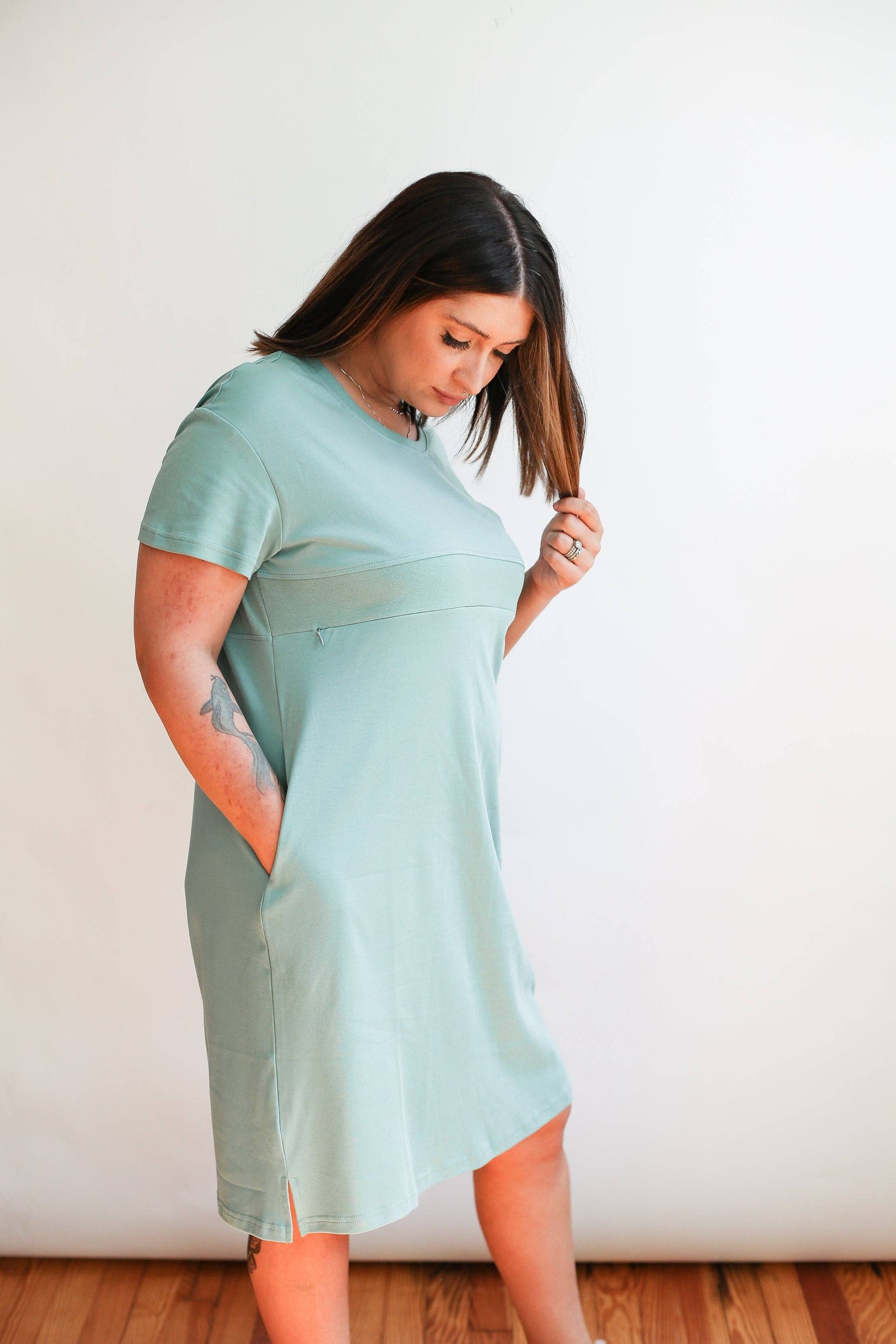 Breastfeeding Invisible Zipper T-Shirt Dress | Soft Teal