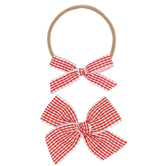 Cherry Gingham Ribbon Bow | Nylon Headband