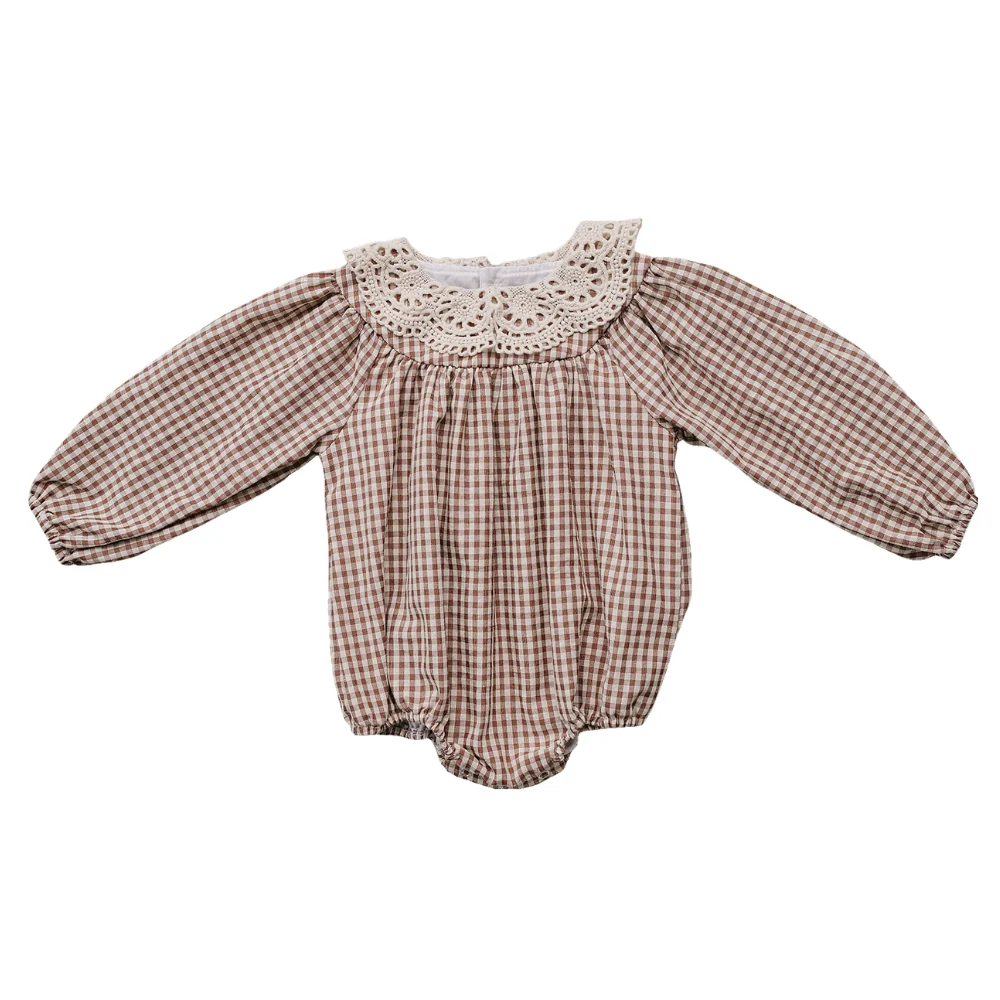 Camel Gingham Lace Bubble Romper