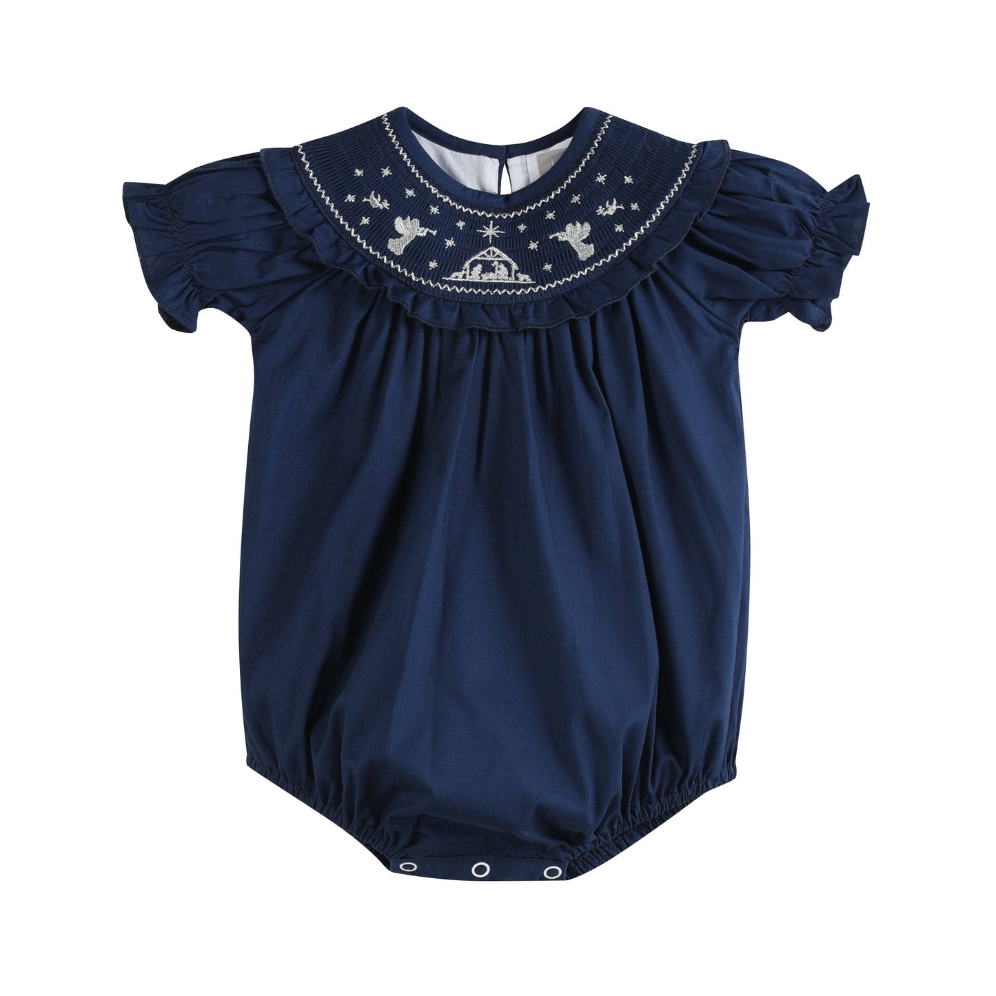 Nativity Smocked Ruffle Romper | Navy Blue (18-24M)