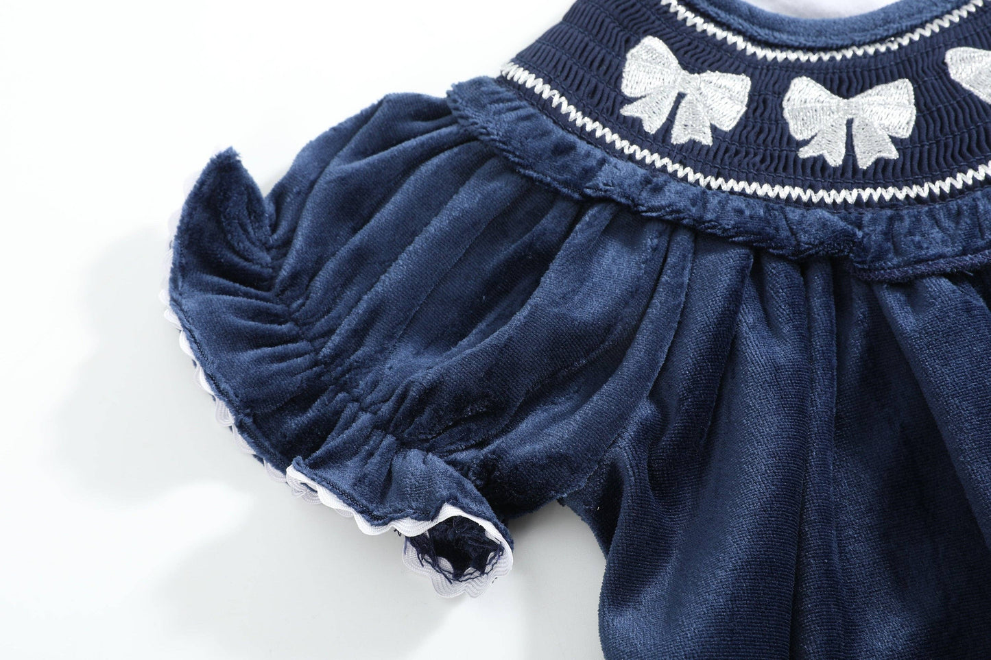Silver Bows Smocked Ruffle Bishop Dress | Blue Velvet