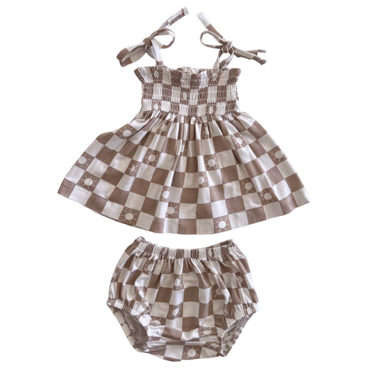 Smocked Set, Tan Sun Checkerboard