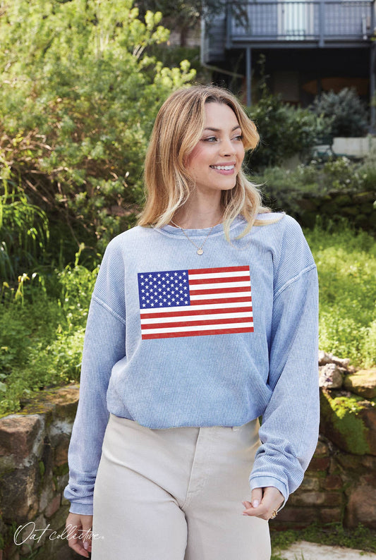 USA Flag Thermal Vintage Pullover | Light Sky Blue