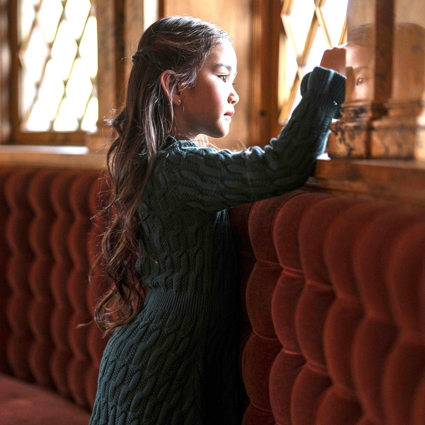 Organic Ruffle Edge Sweater Dress | Deep Green Cable