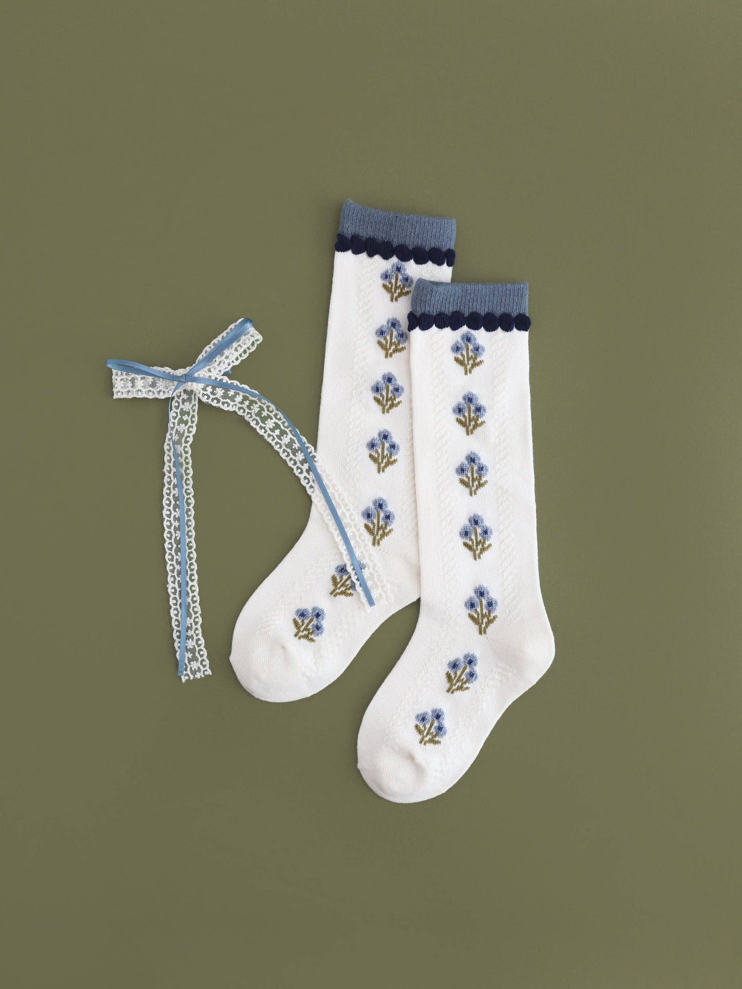 Ivory/Denim Floral Knee High Socks: 6-18 MONTHS
