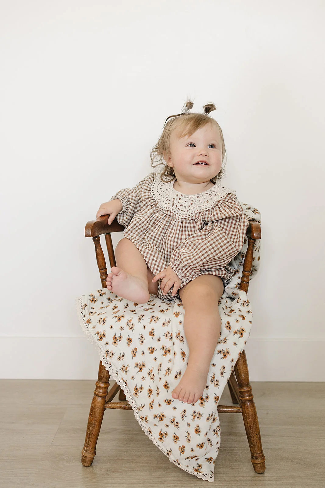 Camel Gingham Lace Bubble Romper