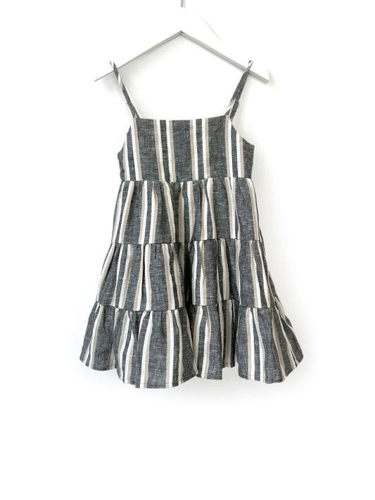 Linen Tiered Dress | Charcoal Stripe