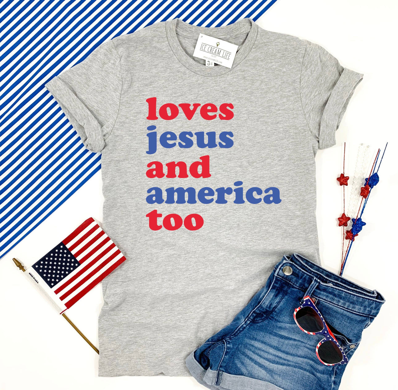 Adult Loves Jesus and America Too T-Shirt | Grey