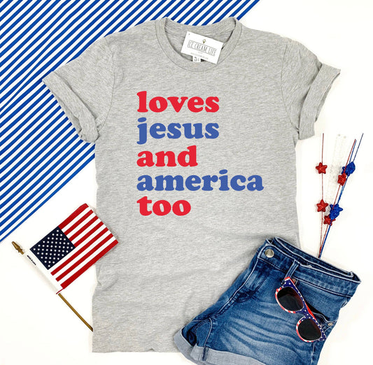Adult Loves Jesus and America Too T-Shirt | Grey