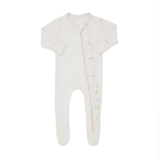 Ribbed Ruffled Zipper Footie in Oat, Dani Swaddle Blanket & Nylon Headband (3-6M)