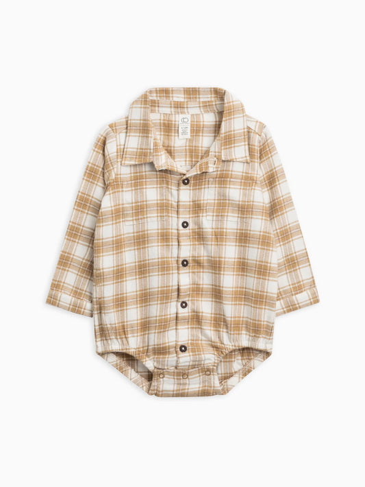 Carson Flannel Collared Button Down Bodysuit | Latte Plaid