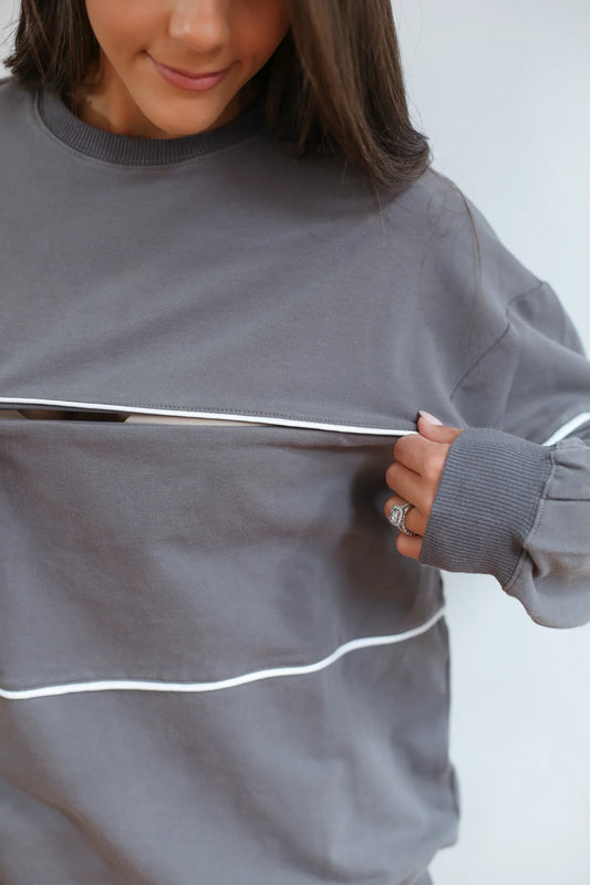Invisible Zipper Breastfeeding Sweatshirt with Piping | Charcoal