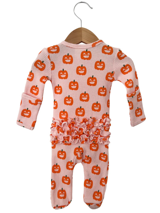 Organic Waffle Ruffle Zip Footie | Blush Jack-O-Lantern