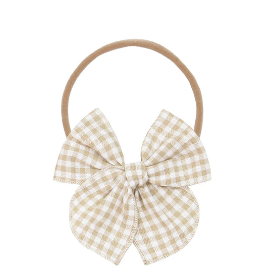 Tan Gingham Heirloom Bow | Nylon Headband